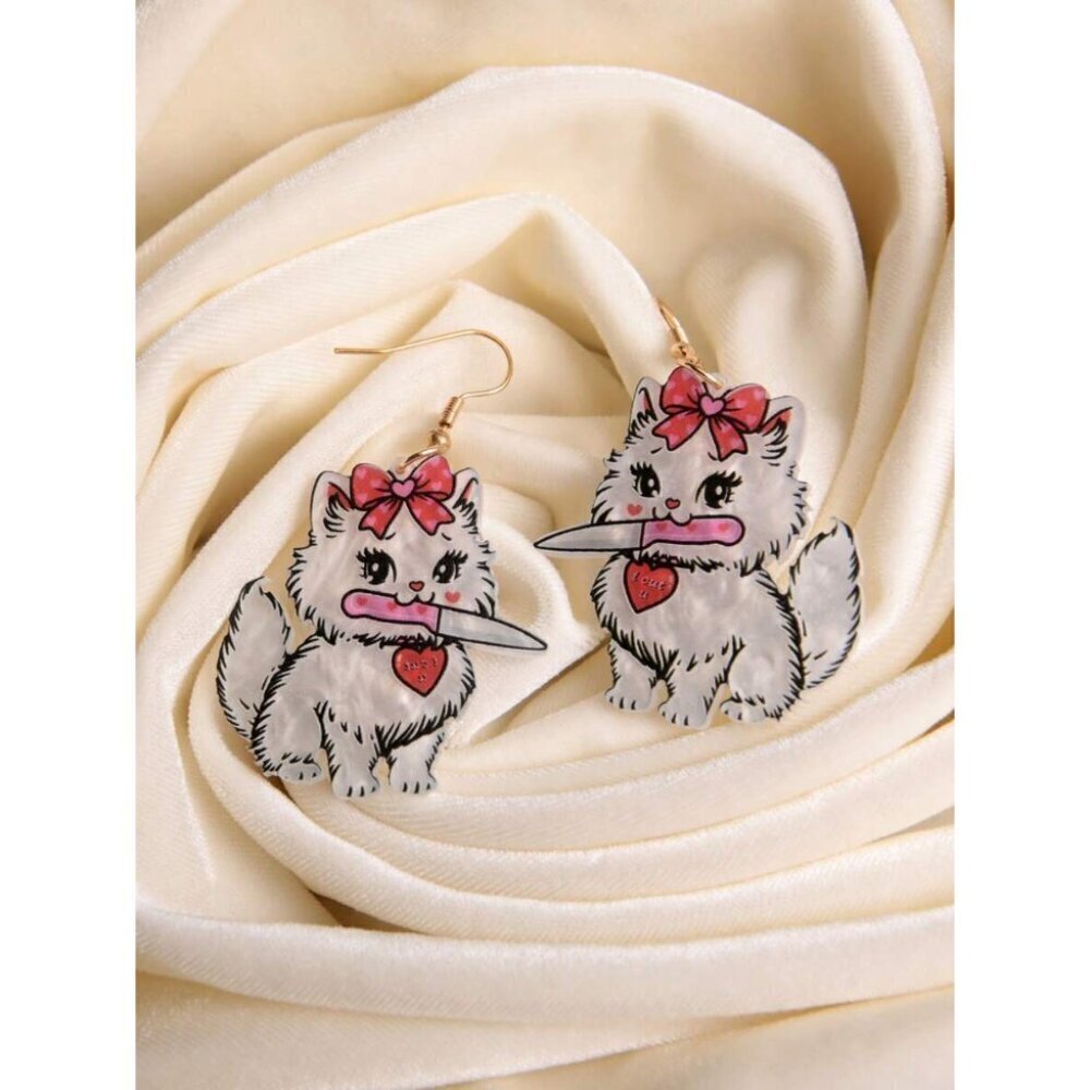 Funny Cute "I Cut You" Statement Earrings With Cat Mouth Earrings For Women